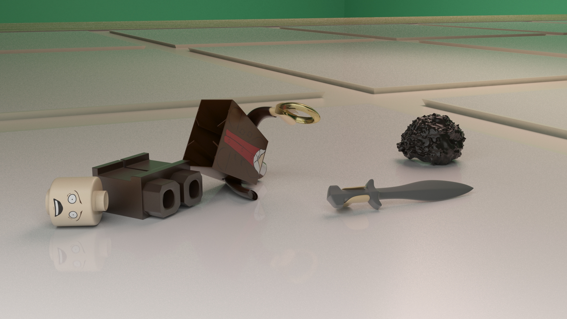 3D model of a Frodo Baggins Lego figure taken apart on a table